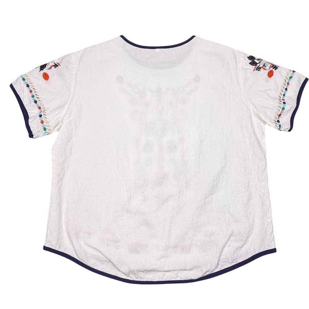 White Cotton Linen Embroidered Boho Short‎ Sleeve Top Sz M lightweight Oversized - Picture 2 of 10